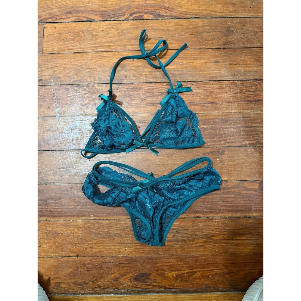 Avidlove Teal Green Lace Lingerie Set Small Strappy Halter Bra and Panty Set